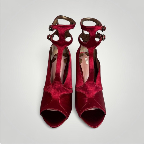 NEW LEON MAX PIKA SATIN & LEATHER WRAP PEEP TOE PUMPS in Bordeaux Size 7 NWOB - Picture 12 of 12